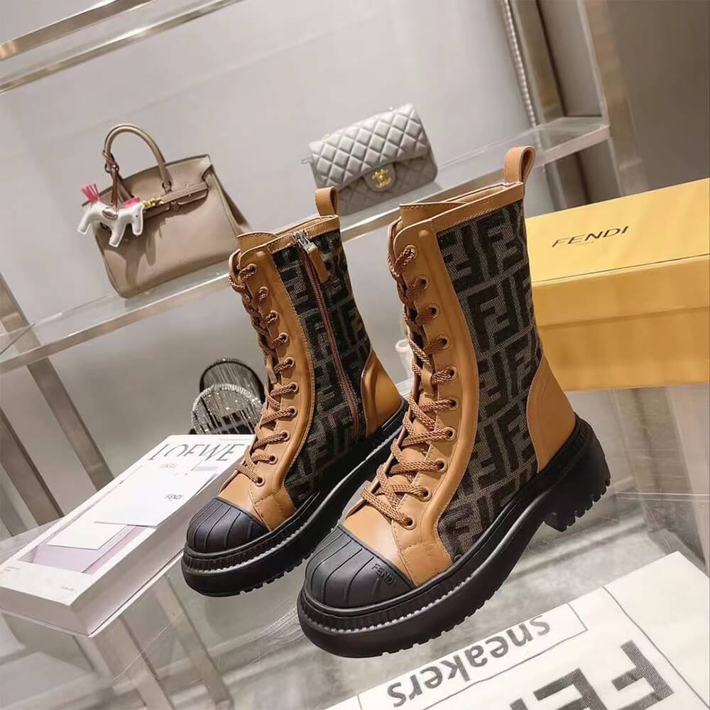 FENDI Domino Brown leather biker boots