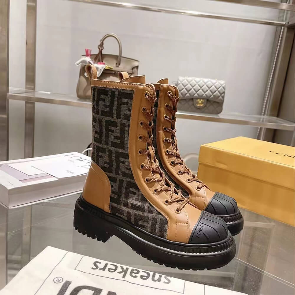 FENDI Domino Brown leather biker boots