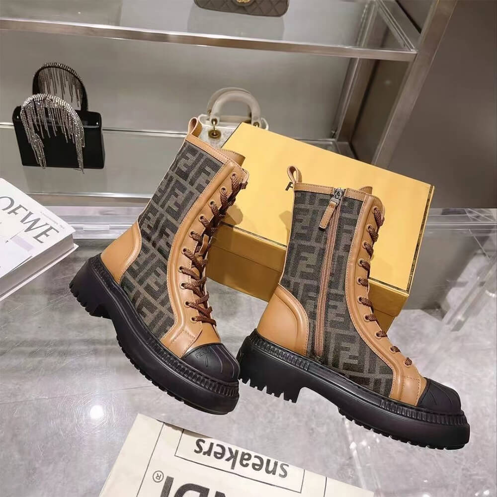 FENDI Domino Brown leather biker boots