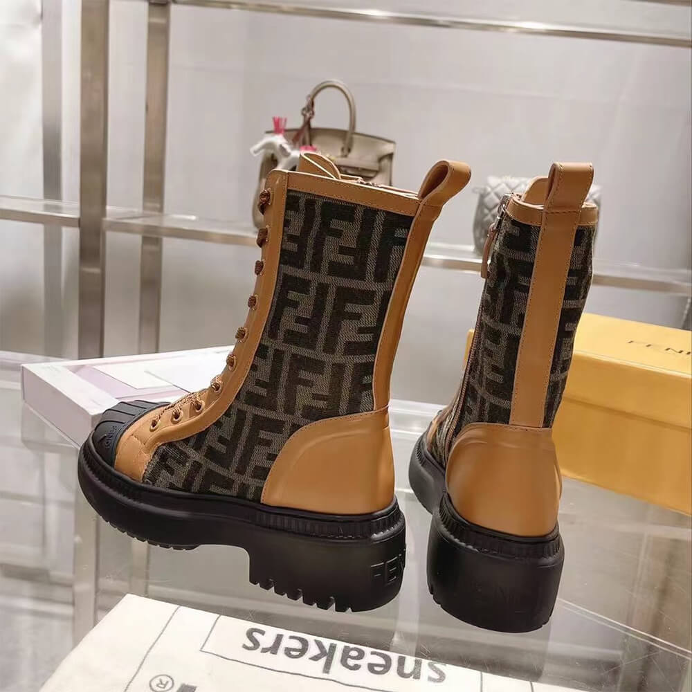 FENDI Domino Brown leather biker boots