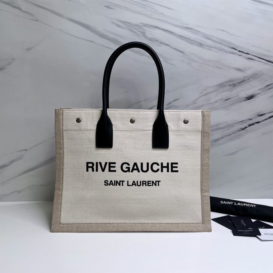 RIVE GAUCHE SMALL TOTE BAG IN LINEN AND LEATHER