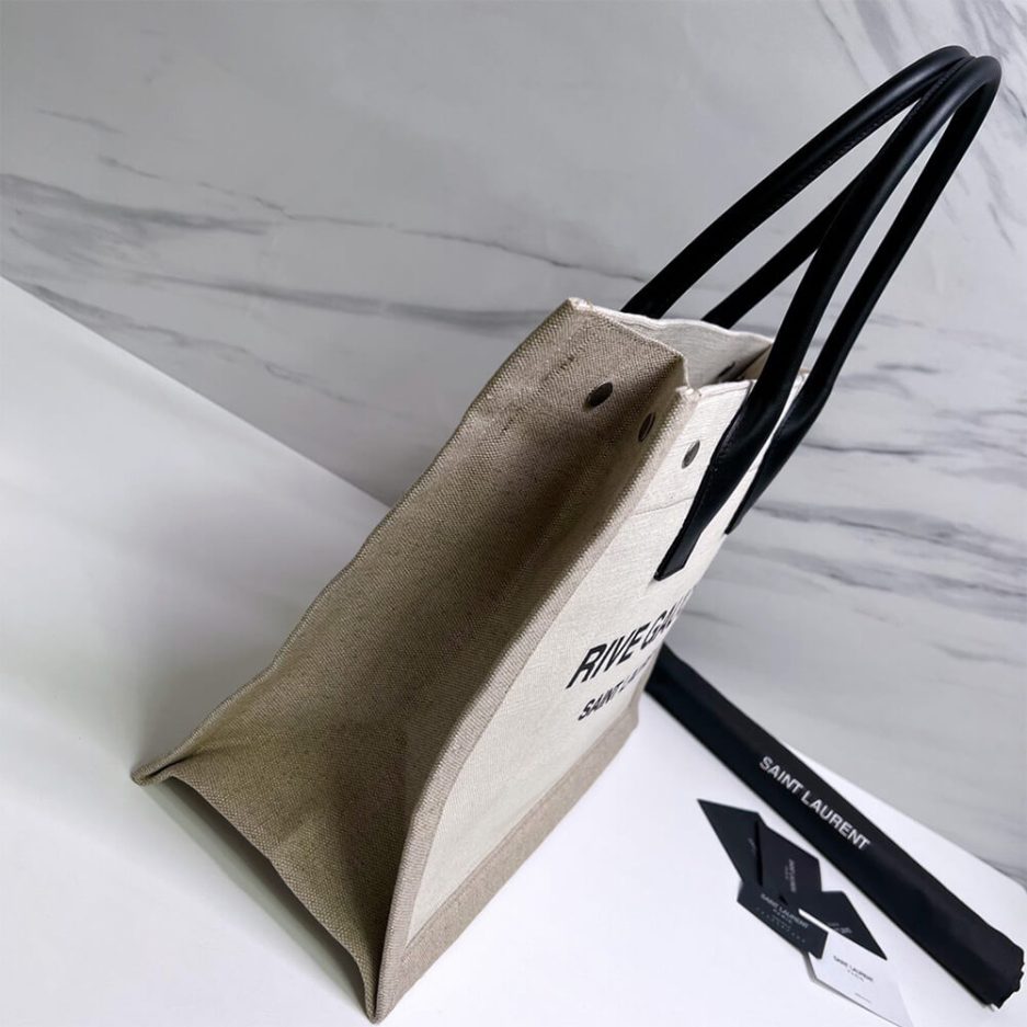 RIVE GAUCHE SMALL TOTE BAG IN LINEN AND LEATHER