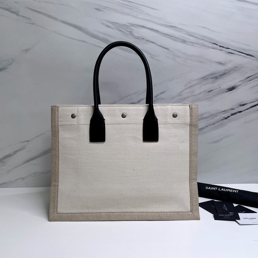 RIVE GAUCHE SMALL TOTE BAG IN LINEN AND LEATHER